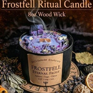 Frostfell Candle • Frosted Juniper, Sage • Lapis Lazuli, Howlite & Stag Charm • Isa Rune • 8oz Wood-Wick