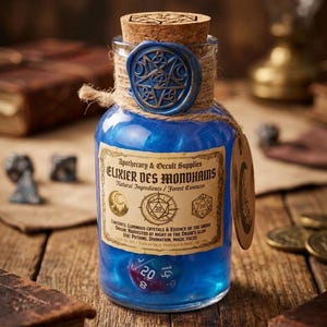 Op de afbeelding: Een blauwe glazen apothekersfles met een kurk, touw en een blauwe zegel. Het etiket luidt "Elixir des Mondhains" en vermeldt ingrediënten en toepassingen. Een rood-witte dobbelsteen is zichtbaar in de fles.