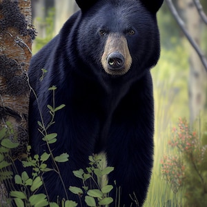 Digital Portrait of Black Bear in Forest: Perfect Wall Art for Nature Lovers