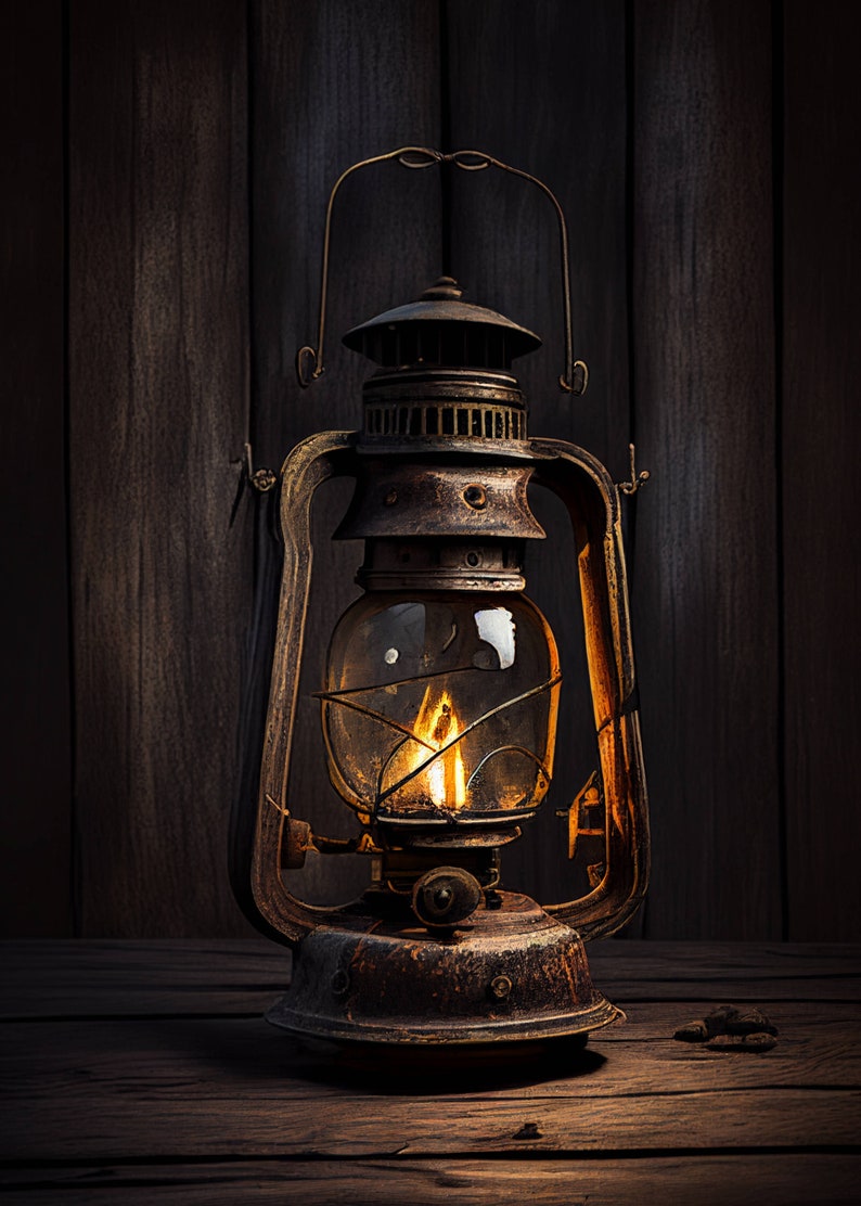 May include: A vintage kerosene lantern with a glass globe and a metal frame. The lantern is lit and casting a warm glow. The lantern is sitting on a wooden surface.