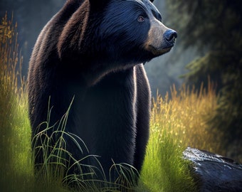 Digital Black Bear Portrait - Standing in a Forest - Perfect for Nature Lovers