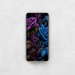 May include: A smartphone displaying a digital illustration of two roses, one purple and one blue, with intricate details and a dark background.