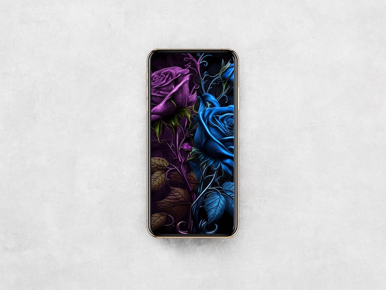 May include: A smartphone displaying a digital illustration of two roses, one purple and one blue, with intricate details and a dark background.