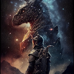 Puede incluir: Una figura oscura y acorazada se encuentra frente a un gran dragón esquelético sobre un fondo de cielo nocturno estrellado. Las alas del dragón están extendidas y la armadura de la figura está adornada con intrincados detalles. La escena está llena de misterio y poder.