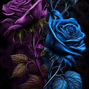 May include: A close-up of two roses, one purple and one blue, with intricate details and a dark background. The roses are intertwined with leaves and stems, creating a romantic and elegant design.