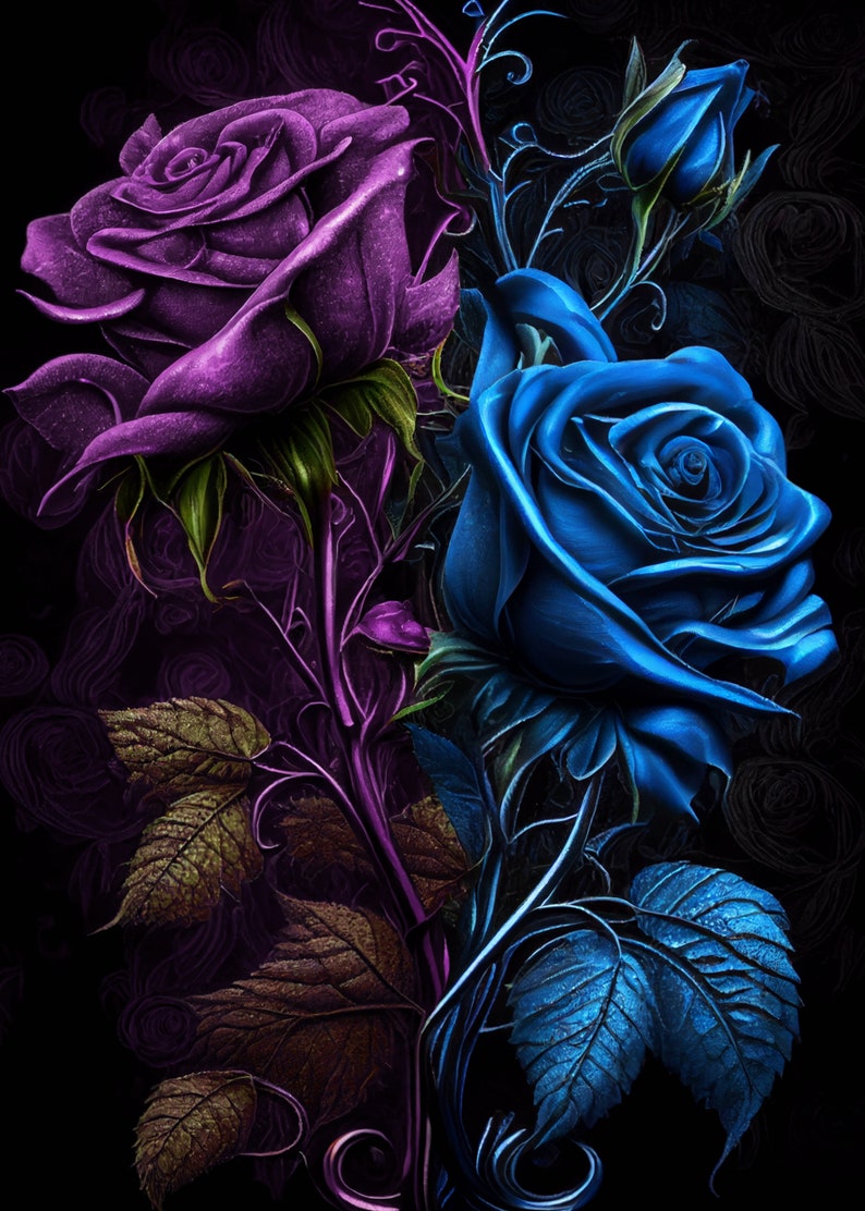 May include: A close-up of two roses, one purple and one blue, with intricate details and a dark background. The roses are intertwined with leaves and stems, creating a romantic and elegant design.
