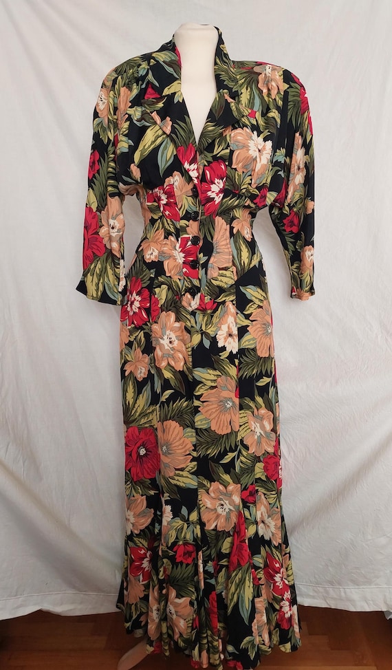 karen alexander dress designer Vintage VTG Karen Alexander Black Tropical Floral Fitted Dress Size 8