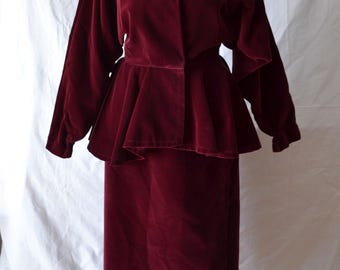 Vintage Norma Kamali Burgundy Velvet set skirt and jacket with batwing sleeves size M and L