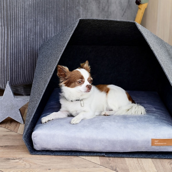 Rexproduct PetPocket est une niche moderne et écologique pour chien ou chat, foncé ou clair avec un matelas coloré