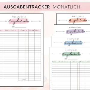 Könnte beinhalten: Fünf druckbare monatliche Ausgaben-Tracker-Blätter mit dem Titel "Ausgabentracker Monatlich". Jedes Blatt hat Spalten für Datum, Beschreibung, Kategorie, Betrag und Summe.