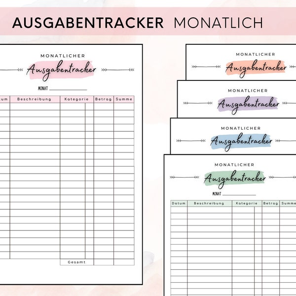 Ausgabentracker 5 verschiedene Farben - digitale Vorlagen - Ausgabenübersicht A4 Format - Budgetvorlage - Budget Sheets