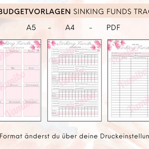 Pode incluir: Modelos de rastreamento de orçamento imprimíveis nos formatos A5, A4 e PDF. Os modelos apresentam um design floral rosa e são intitulados "Sinking Funds". O texto "Das Format änderst du über deine Druckeinstellungen" está na parte inferior da imagem.