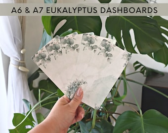 May include: A set of five A6 and A7 sized dashboards with a eucalyptus leaf design. The dashboards are white with a watercolor effect and have a green eucalyptus leaf pattern.