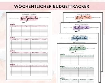 May include: A printable weekly budget tracker with six pages. Each page has a table with columns for category, budget, expenses, and total. The pages are color-coded with pink, light blue, green, and purple.