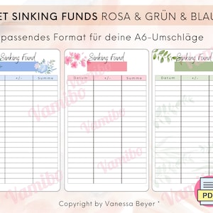 Download Sinking Funds Set - Sinking Fund Tracker - Rosa u. grün u. blau - Umschlagtracker - passend für die A6 Umschläge -