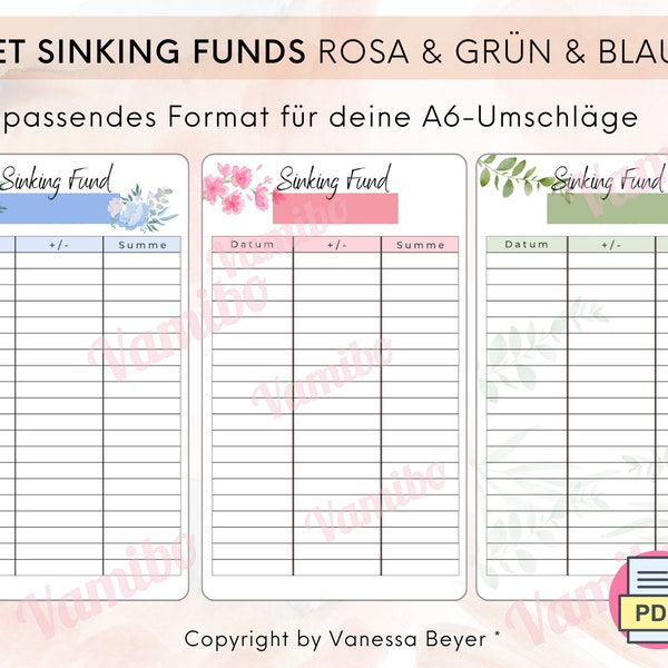 Download Sinking Funds Set - Sinking Fund Tracker - Rosa u. grün u. blau - Umschlagtracker - passend für die A6 Umschläge -