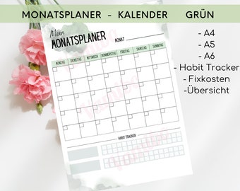 Op de afbeelding: Een printbare maandelijkse planner-sjabloon met een groene aquarel achtergrond. De planner bevat secties voor een kalender, een gewoontetracker, vaste kosten en een overzicht. De sjabloon is beschikbaar in de formaten A4, A5 en A6.