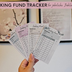 Könnte beinhalten: Vier druckbare Sparplan-Tracker mit Blumendesigns. Jeder Tracker hat einen Bereich für eine Beschreibung, einen Betrag, einen Zinssatz und monatliche Ersparnisse. Die Tracker sind mit "Sparplan" beschriftet und haben für jeden Monat des Jahres ein Kontrollkästchen.