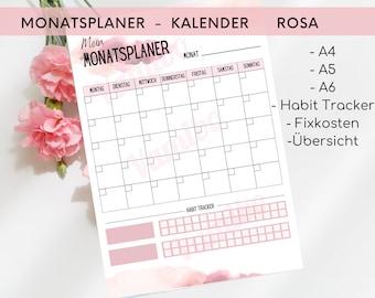 Op de afbeelding: Een printbare maandelijkse planner-sjabloon met een roze aquarel achtergrond. De sjabloon bevat een kalenderrooster met de dagen van de week in het Duits, een gewoontetracker en de tekst "Mein Monatsplaner" (Mijn maandelijkse planner).