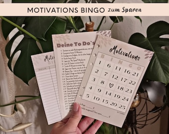 Motivations Bingo Sparchallenge, foliertes Sparspiel - passend für A6 Budgetplaner - Spaß beim Sparen