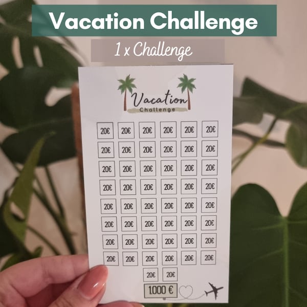 Urlaub Challenge 1.000 EUR Tracker, 250 mg Pappe, Printversion, passend für A6-Zippertaschen, Holiday Savings, Vacation Challenge