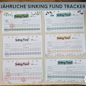 Könnte beinhalten: Ein Satz von fünf druckbaren Sinking Fund Trackern mit floralen und grünen Designs. Jeder Tracker hat Abschnitte für "Was?", "Gesamtbetrag", "Rate", "Start", "Zahlung" und "Gesamt".