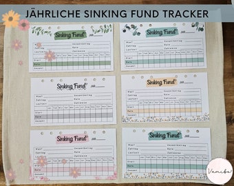 May include: A set of five printable sinking fund trackers with floral and greenery designs. Each tracker has sections for "What?", "Total Amount", "Rate", "Start", "Payment", and "Total".