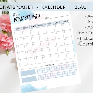 Monatsplaner blau für Aufgaben, Termine u Finanzen Habit Tracker | Planer für zu Hause & Büro | Organisation im Alltag I Digital I PDF