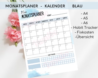Monatsplaner blau für Aufgaben, Termine u Finanzen Habit Tracker | Planer für zu Hause & Büro | Organisation im Alltag I Digital I PDF