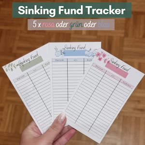 Könnte beinhalten: Drei weiße Sinking Fund Tracker-Karten mit floralen Akzenten werden von einer Hand gehalten. Die Karten haben Spalten für Datum, +/- und Summe. Der Text "Sinking Fund Tracker" und "5 x rosa oder grün oder blau" stehen oben.