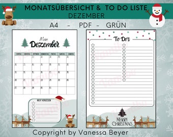 undatiertes Weihnachtliches Set Monatsplaner und TO DO Liste Grün | Monthly Planer Planer für zu Hause & Büro I Download