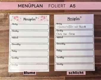 Folierter Menüplan, Essensplaner, Foliert, Wiederverwendbare Vorlage, A5 Format, Wochenplaner