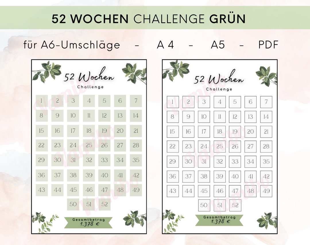 Download 52 Wochen Challenge A4 - A5 - A6 Sparchallenge Tracker