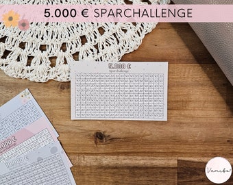 Könnte beinhalten: Eine weiße Karte mit einem Zahlenraster und dem Text "5.000 € Sparchallenge". Die Karte liegt auf einer Holzoberfläche mit einer weißen Spitze und einem grauen Stoffstück.