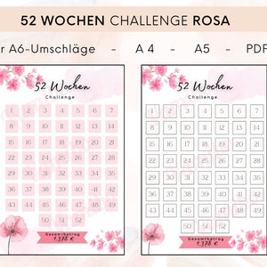 Könnte beinhalten: Zwei druckbare 52-Wochen-Challenge-Kalender mit rosafarbenen Blumenmustern. Jeder Kalender hat ein Raster mit 52 Quadraten, die von 1 bis 52 nummeriert sind, mit dem Text "52 Wochen Challenge" oben. Der Text "Gesamtbetrag 1.378 €" befindet sich unten auf jedem Kalender.