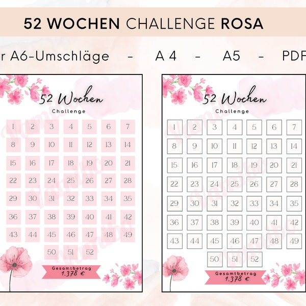 52 Wochen Challenge A4 - A5 - A6 Sparchallenge Tracker - passendes Format für durchsichtige A6 Umschläge - 2 Varianten in rosa