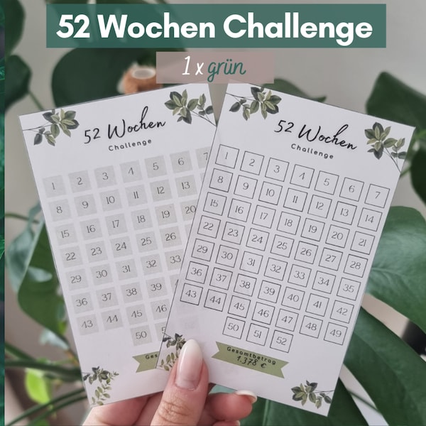 52 Wochen Challenge Printversion - passendes Format für durchsichtige A6 Umschläge - 2 Varianten in grün