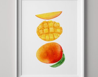 Four Watercolor Wall Art Print Set Design Living Room Decor Kitchen Strawberry Mango Fruits Set Food Tropical Instant Download Clipart