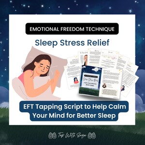 Può includere: Un'illustrazione digitale di una donna che dorme a letto. L'immagine è accompagnata da un testo che recita "Emotional Freedom Technique Sleep Stress Relief EFT Tapping Script to Help Calm Your Mind for Better Sleep Tap With Suze".