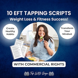 Puede incluir: Una mujer sonríe mientras come una comida saludable en su cocina. La imagen incluye el texto "10 EFT TAPPING SCRIPTS Weight Loss & Fitness Success! Create Healthy Habits Transform Your Mindset WITH COMMERCIAL RIGHTS Tap With Suze"