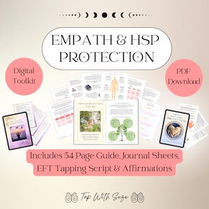 Puede incluir: Un kit de herramientas digital para empáticos y personas altamente sensibles. El kit incluye una guía de 54 páginas, hojas de diario, un guion de tapping EFT y afirmaciones. La portada de la guía presenta a una mujer sentada en un campo con un árbol detrás de ella. El texto "Empath Protection Toolkit" está en la portada. El kit está disponible para descargar en PDF.
