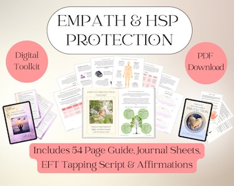 May include: A digital toolkit designed for empaths and highly sensitive individuals. The toolkit contains a 54-page guide, journal sheets, EFT tapping script, and affirmations. The cover of the guide features a woman sitting in a field with a tree behind her. The text "Empath Protection Toolkit" is on the cover. The toolkit is available as a PDF download.