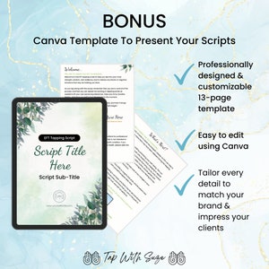 May include: A Canva template for presenting EFT tapping scripts. The template is professionally designed and customisable, with 13 pages. It is easy to edit using Canva and can be tailored to match your brand and impress your clients. The template features a green leafy design and the text "Script Title Here" and "Script Sub-Title".
