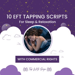 Può includere: Sfondo viola con stelle gialle, una nuvola bianca con una donna che dorme in un cerchio, e il testo "10 EFT TAPPING SCRIPTS For Sleep & Relaxation WITH COMMERCIAL RIGHTS Tap With Suze"