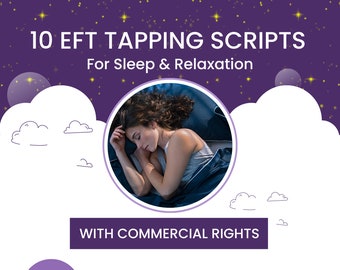 May include: Purple background with yellow stars, a white cloud with a sleeping woman in a circle, and the text "10 EFT TAPPING SCRIPTS For Sleep & Relaxation WITH COMMERCIAL RIGHTS Tap With Suze"