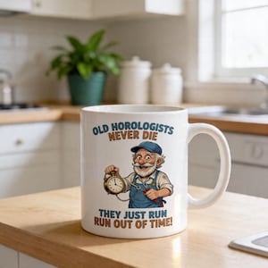 Könnte beinhalten: Weiße Keramik-Tasse mit dem Text "OLD HOROLOGISTS NEVER DIE" und "THEY JUST RUN OUT OF TIME!". Die Tasse zeigt eine Karikatur eines älteren Mannes, der eine Taschenuhr und Werkzeuge hält. Der Mann trägt eine blaue Mütze und einen Overall.