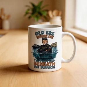 Old SBS Diver Illustration Mug | 'Old SBS Never Die They Just Slip Beneath the Surface'