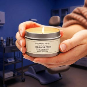 Peut inclure: Une bougie allumée dans une boîte en métal argenté. La bougie a une cire de couleur crème et une étiquette blanche avec du texte noir qui dit "PODIATRIST'S PANTRY, Nothing like the Smell of VERRUCAE PEDIS, REPEAT VISIT EDITION."