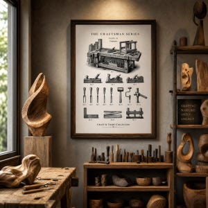 May include: A framed print titled "The Craftsman Series" with illustrations of carpentry tools hangs in a workshop. The print is surrounded by wooden sculptures, tools, and shelves. The text "Craft & Trade Collection" is at the bottom of the print.