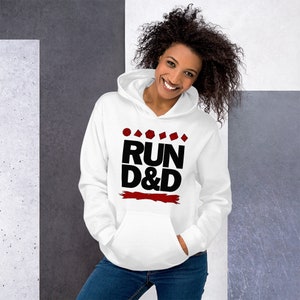 RUN D&D Hoodie in White Dungeons and Dragons Sweatshirt RPG Gamer Gift DnD Dice Unisex Pullover Fantasy Tabletop Gaming Apparel DM Present